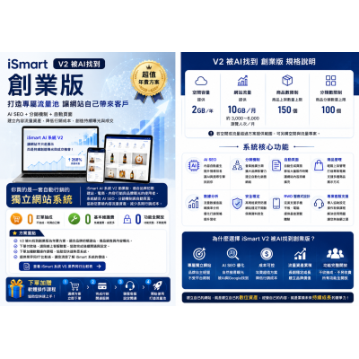 iSmart AI 系統 V2 創業版 iSmart V2 被 AI 找到創業版|打造專屬 AI SEO 流量池網站